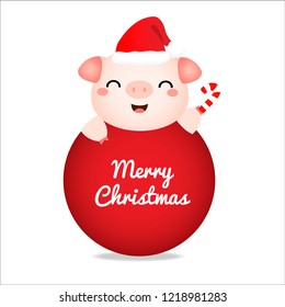 Merry Christmas and happy new year vector greeting card with little pig in the red hat.
