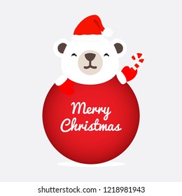 Merry Christmas and happy new year vector greeting card with little polar bear in the red hat.
