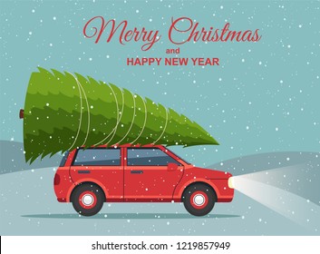 Merry Christmas And Happy New Year. Holiday Winter Snowy Landscape With Red Car And Christmas Tree On Top.