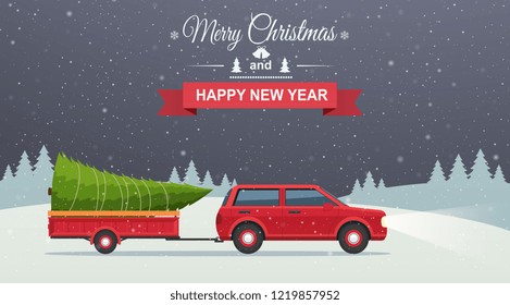 Merry Christmas and Happy New Year. Holiday winter snowy night background with red car and christmas tree in trailer.