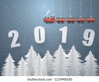 Merry Christmas and Happy new year with Santa Claus driving the train on text  2019 in the sky and under full moon in winter season,Merry Christmas concept ,paper craft style and 