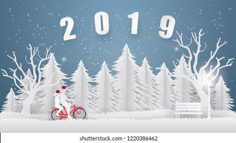 Merry Christmas and Happy new year with  Couple Wearing a Santa hat and riding a red bike in white forest and snow in winter season and Merry Christmas concept  ,Paper art and Illustration style.