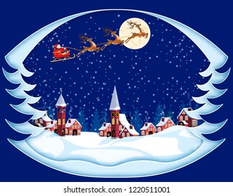 Merry Christmas and Happy New Year. Greeting card in the form of trees. Santa Claus, moon, snow, houses, church. Vector illustration