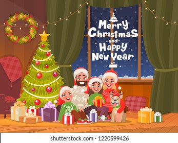 Merry Christmas and Happy New Year. Family at the dressed Christmas tree celebrates the holiday. Dad, mom, son and daughter in a cozy home. Vector illustration in cartoon style.