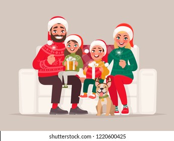 Merry Christmas and Happy New Year. Family sitting on the couch on an isolated background. Dad, mom, daughter, son and pet in holiday clothes and with gifts celebrate the holiday. Vector illustration 