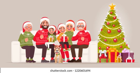 Merry Christmas and Happy New Year. Large family sitting on the sofa next to the Christmas tree with gifts. Grandparent, mom and dad, children and pet  celebrate the holiday. Vector illustration