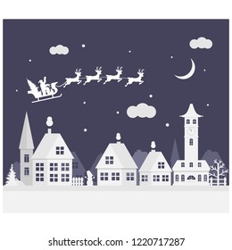 Merry Christmas and happy new year. A small town with Santa in the sky on a sleigh with deer.
