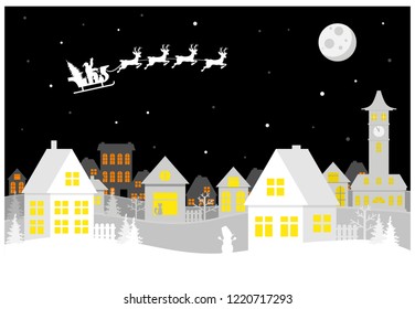 Merry Christmas and happy new year. A small town with Santa in the sky on a sleigh with deer. Paper art in digital style. Vector illustration.