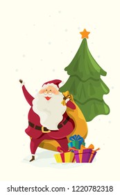 Merry Christmas and Happy New Year Holiday. Santa claus character cartoon with gift box on tree background. illustration vector