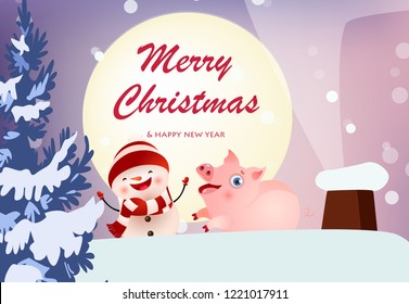 Merry Christmas and Happy New Year banner with snowmen and piglet laughing on snowy roof at fir tree. Holiday concept. Vector illustration can be used for invitations, greeting cards, posters