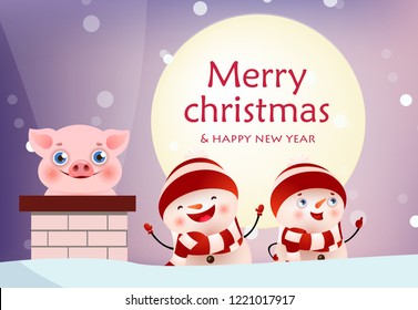 Merry Christmas and Happy New Year banner with snowmen on roof and pig in chimney against moon. Holiday concept. Vector illustration can be used for invitations, greeting cards, posters