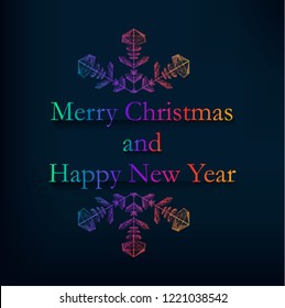 Merry Christmas and Happy New Year greeting card with colored words between pieces of snowflake. Vector illustration 