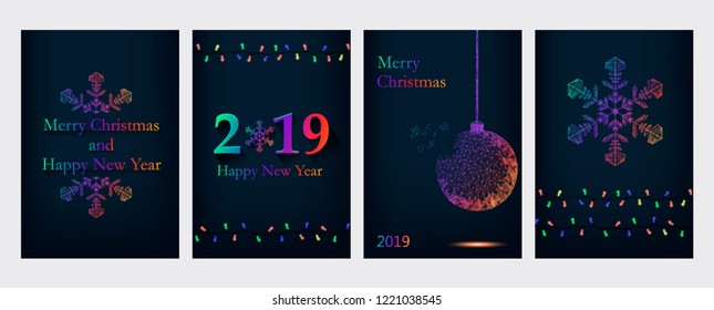 Merry Christmas and Happy New Year greeting cards, set of four vector colorful illustrations. Greeting words, 2019, Christmas tree ball and snowflake. 