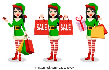 Merry Christmas and Happy New Year. Beautiful woman in costume of Elf, set of three poses. Lady Santa Helper cartoon character holds credit card, holds shopping bags for and holds gift box. Vector