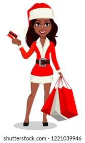 Merry Christmas and Happy New Year. African-American woman in Santa Claus costume, usable for landing page, greeting card, etc. Cartoon character holds credit card and bags. Vector illustration