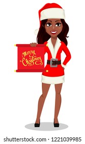 Merry Christmas and Happy New Year. African-American woman in Santa Claus costume, usable for landing page, greeting card, etc. Cartoon character holds scroll with greetings. Vector illustration
