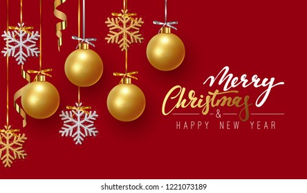 Merry Christmas and Happy New Year. Background design of xmas balls with golden glitter snowflake hanging on the ribbon.