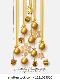 Merry Christmas and Happy New Year. Golden christmas balls hanging design on the ribbon, gold gift and bright snowflakes in the shape of pine tree.