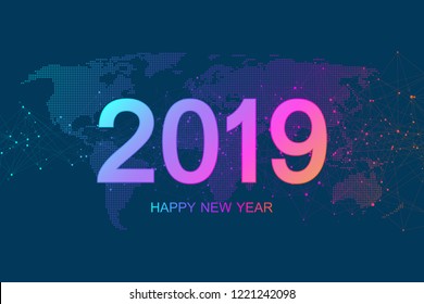 Merry Christmas and Happy New Year 2019 greeting card. Modern futuristic template for 2019. Digital data visualization. Business technology concept. Vector illustration.