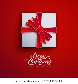 Merry christmas and happy new year design, white gift box on red background. Gift box, red ribbon bow for holiday greeting card, poster, banner. Top view, 3d paper cut out style, vector illustration