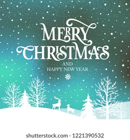 Merry Christmas and Happy New Year  typography vector design for greeting cards and poster. Merry Christmas hand lettering. Christmas  with winter landscape with snowflakes,light. Vector illustration.