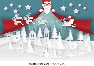 Merry Christmas and Happy New Year background. Santa Claus, Snowman and Christmas tree ,paper art and digital craft style. Vector illustration.