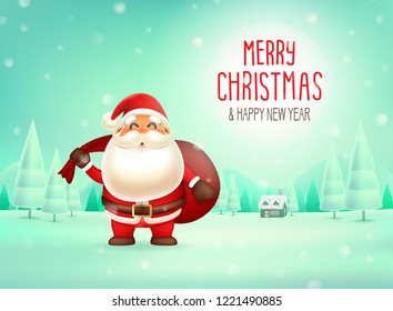 Merry Christmas and Happy New Year. Illustration of Santa Claus carry bag of gift in Christmas snow scene on green background