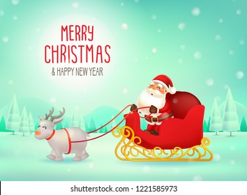 Merry Christmas and Happy New Year. Illustration of Santa Claus Sleigh Sled Reindeer in moonlight.