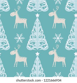 Merry Christmas and Happy New Year! Seamless pattern, holiday backgrounds with trees, snowflakes and silhouette reindeer.