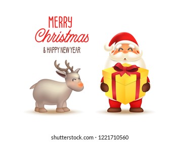 Merry Christmas and Happy New Year. Illustration of Santa Claus carrying gift and reindeer in white backround