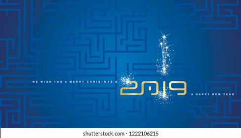 Merry Christmas and Happy New Year 2019 gold sparkle cyberspace abstract labyrinth blue background