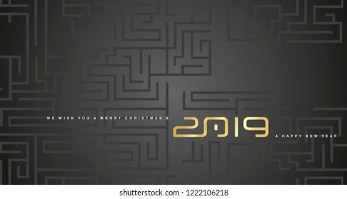 Merry Christmas and Happy New Year 2019 gold cyberspace abstract labyrinth black background