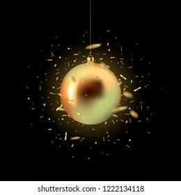 Merry Christmas and Happy New Year vector illustration. Golden  xmas ball with gold sparkling and shining confetti on black background