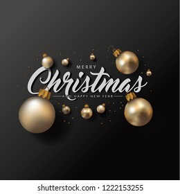 Merry Christmas and Happy New Year poster or greeting card with realistic golden Christmas baubles or ornaments. Eps10 vector illustration.