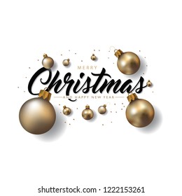 Merry Christmas and Happy New Year poster or greeting card with realistic golden Christmas baubles or ornaments. Eps10 vector illustration.