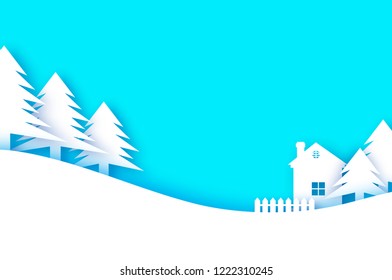 Merry Christmas and Happy New Year Greetings card. Origami Winter Snow Landscape Village with blue sky. City Urban Countryside with forest in paper cut style. Holidays.