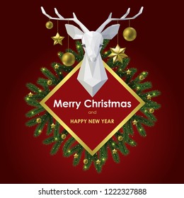 Merry Christmas and Happy New Year Template with deer head polygonal vector model. Modern luxury minimalistic mock up for greeting card, party invitation, forest hotels with animal style.