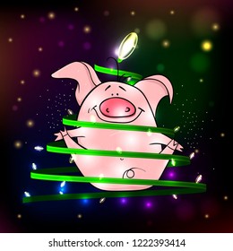 Merry Christmas and Happy New Year 2019 with funny pink pig. New Year design template for print sign postcard booklet leaflets poster banner invitation