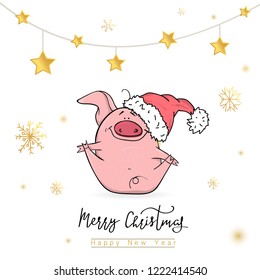 Merry Christmas and Happy New Year 2019 with funny pink pig. New Year design template for print sign postcard booklet leaflets poster banner invitation