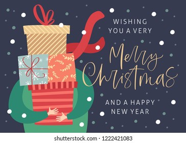 Merry christmas and happy new year greeting card with gift boxes and hand drawn lettering. Postcard or invitation template. Vector illustration Merry christmas and happy new year greeting card with gift boxes and hand drawn lettering. Postcard or invitation template. Vector illustration