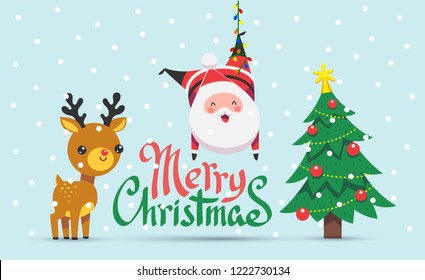 Merry Christmas and Happy New Year. Greeting card with snowflakes and funny Santa Claus with his deer. Cartoon flat style. Vector illustration isolated on white background.