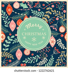 Merry Christmas, Happy New Year greeting card with frame. Brochure, poster templates in Christmas style. Beautiful design and layout.
