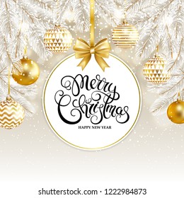 Merry Christmas and Happy New Year card with gold balls, fir tree and snow. Vector illustration.