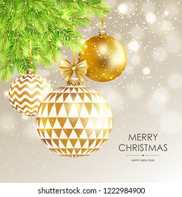 Merry Christmas and Happy New Year card with gold balls, fir tree and snow. Vector illustration.