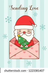 Merry christmas and happy new year greeting card. Cute cartoon Santa clause holding christmas tree with text sending love. Flat design. Vector Illustration.