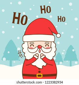 Merry christmas and happy new year greeting card. Cute cartoon Santa clause smiling with text ho ho ho. Flat design. Vector Illustration.