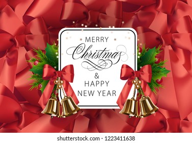 Merry Christmas and Happy New Year postcard design. Inscription in white frame with golden bells on red background with ribbons. Can be used for posters, postcards, greetings