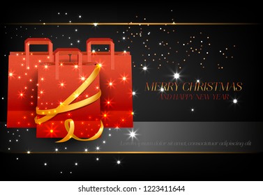 Merry Christmas and Happy New Year with red bags poster design. Inscription with red shopping bags with sparkles on black background. Can be used for posters, banners, greetings