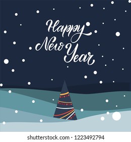 Merry Christmas and Happy New Year Postcard. Hand drawn lettering. Winter forest. Elements for greeting card, poster, banners. T-shirt, notebook and sticker design