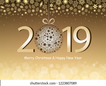 Merry Christmas and Happy New Year 2019 greeting gold design. Vector illustration with text, snowflakes and bokeh light
